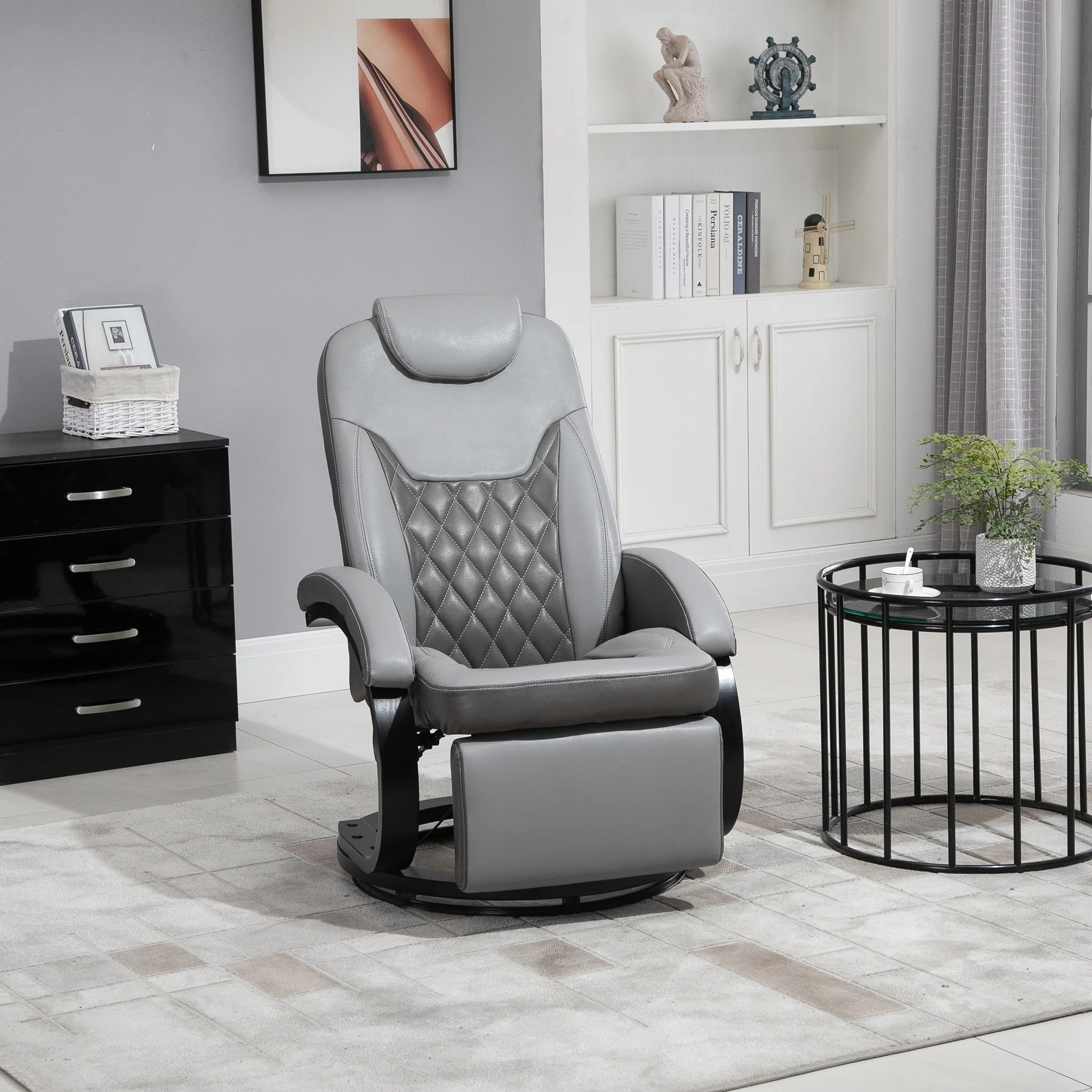 PU Leather Recliner Chair with Diamond Stitch, 135° Tilt, 360° Swivel, and Sturdy Steel-Wood Base
