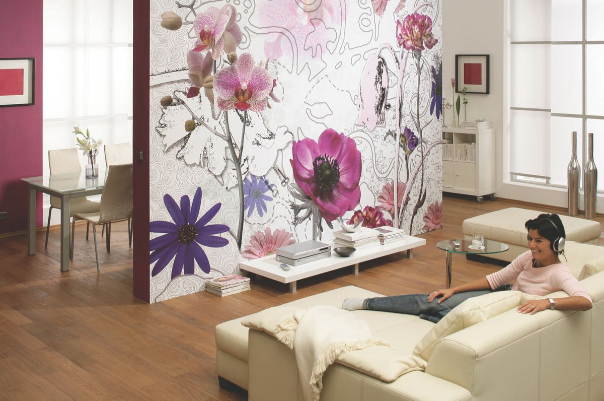 Sanders & Sanders fotobehang bloemen paars, blauw en wit - 368 x 254 cm - 612251