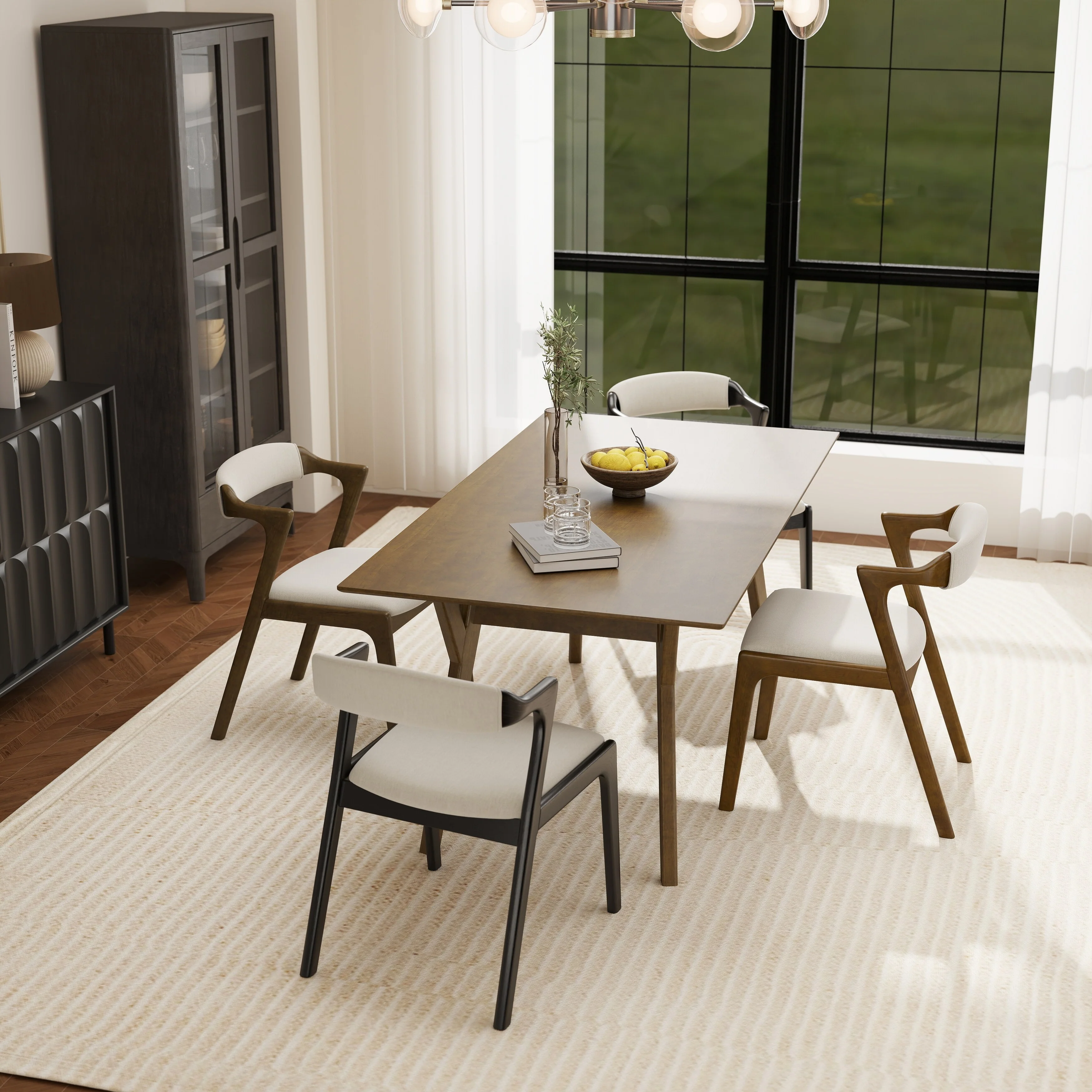 Roundhill Furniture Lavin Modern 5-Piece Dining Set, Dining Table with 2 Walnut and 2 Black Chairs