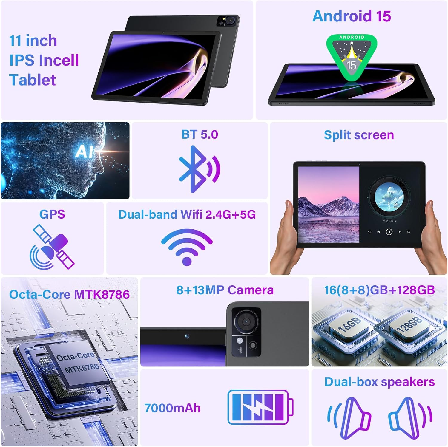 11 Inch-Android 15 Tablet 2026 Latest Update 16GB RAM 128GB ROM 1TB Expandion 5G WiFi Cellular 21MP Dual Camera Octa-core MTK8786.Gemini AI 2.0.Tablets with Keyboard,Mouse,protective film,Case-Gray