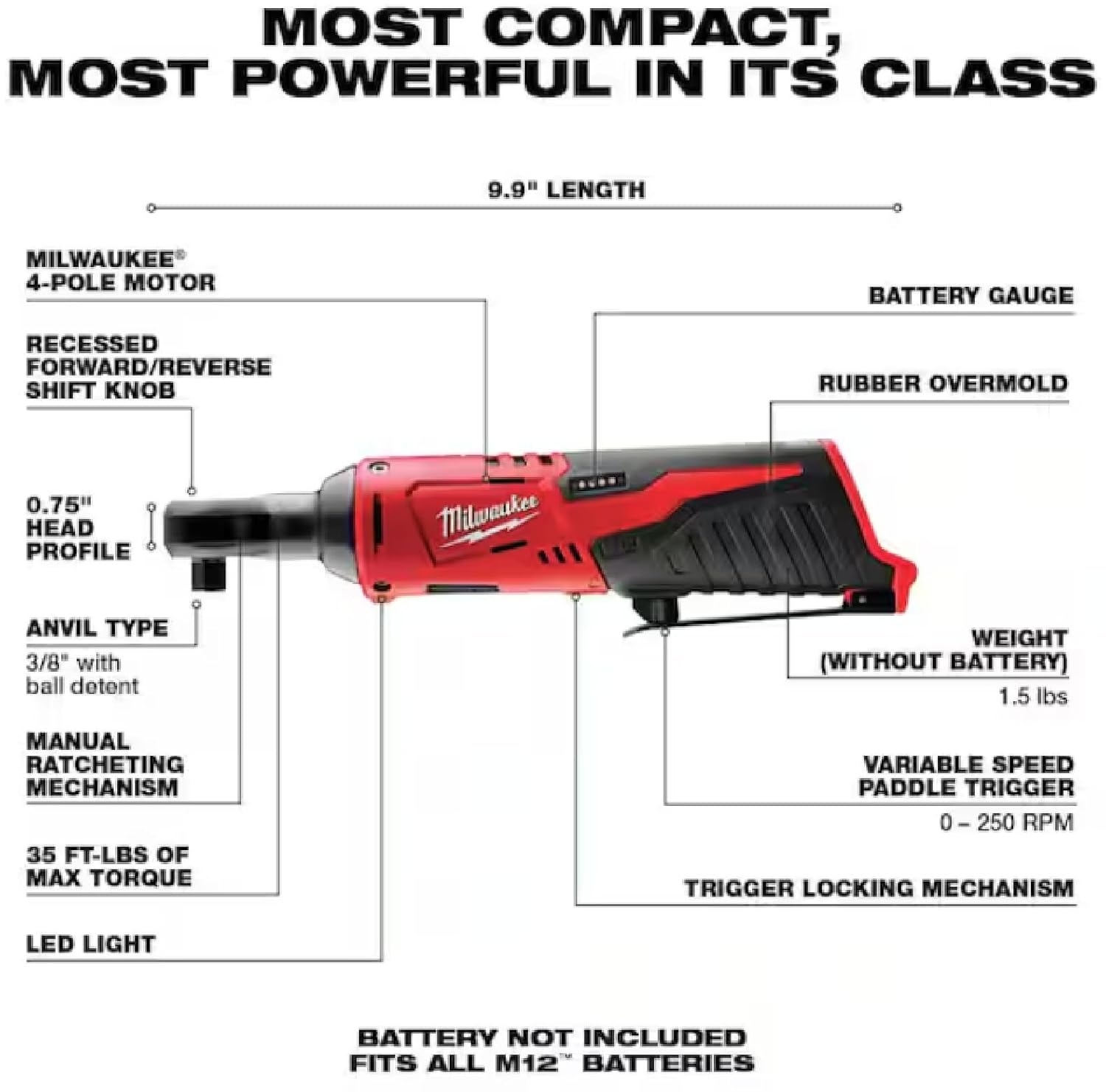 Milwaukee 2457-20 M12 Cordless 3/8 Sub-Compact 35 ft-Lbs 250 RPM Ratchet w/ Variable Speed Trigger