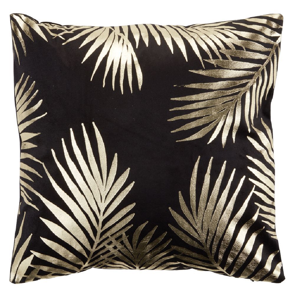 Housse de coussin imitation velours 40x40cm noir motif doré