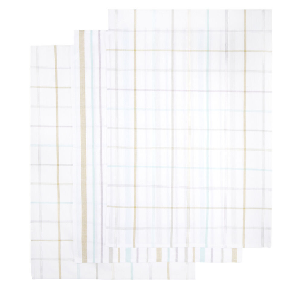 Lot de 3 torchons rectangulaires 50x70cm 100% coton quadrillé blanc