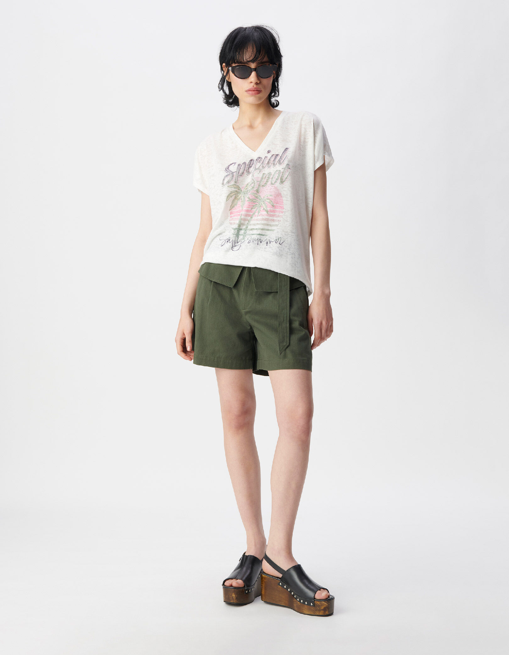 Tee-shirt col V blanc visuel palmiers et messages Femme