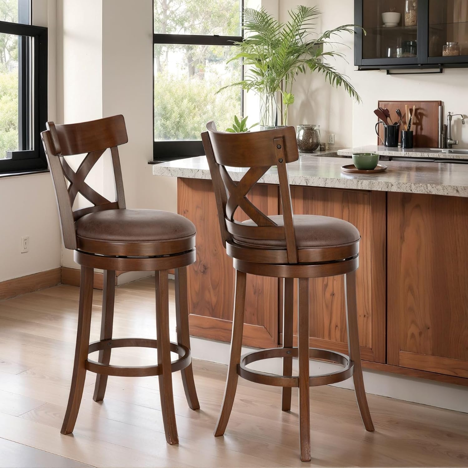 Sophia & William Swivel Bar Stools Set of 2, 360-Degree Swivel Stools with Cross Back, 30 Inch Walnut Kitchen Counter Bar Stools, Brown