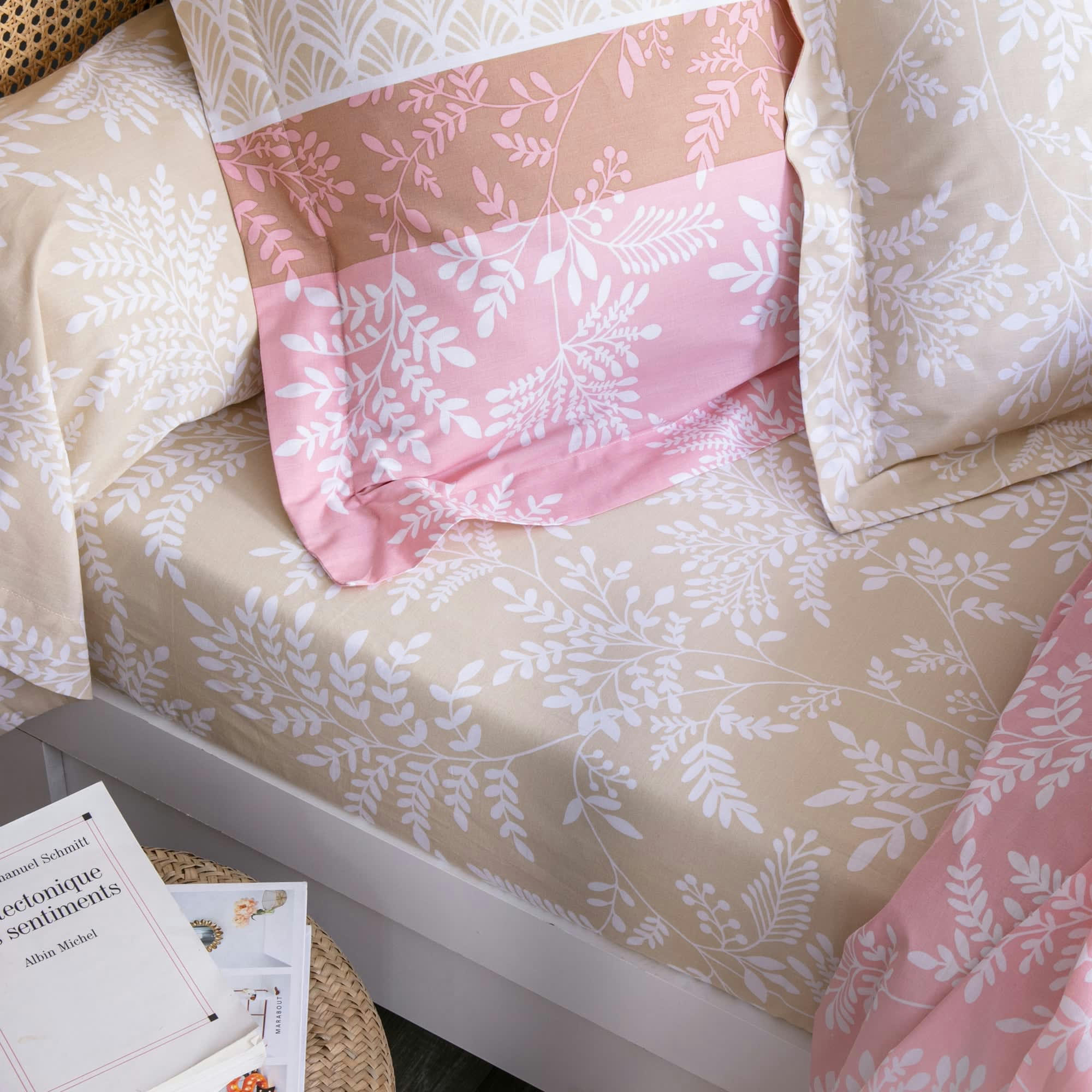 BRANCHETTE - Drap-housse 160x200 rose en coton