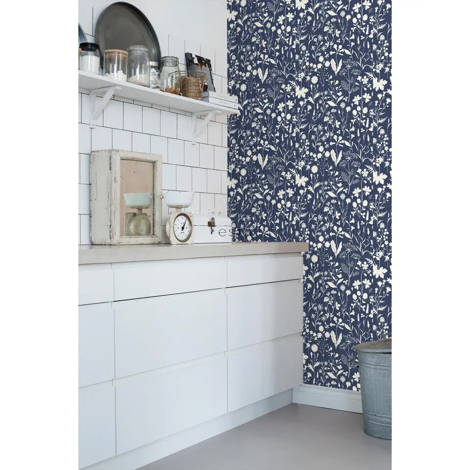 ESTAhome behang veldbloemen donkerblauw - 50 x 900 cm