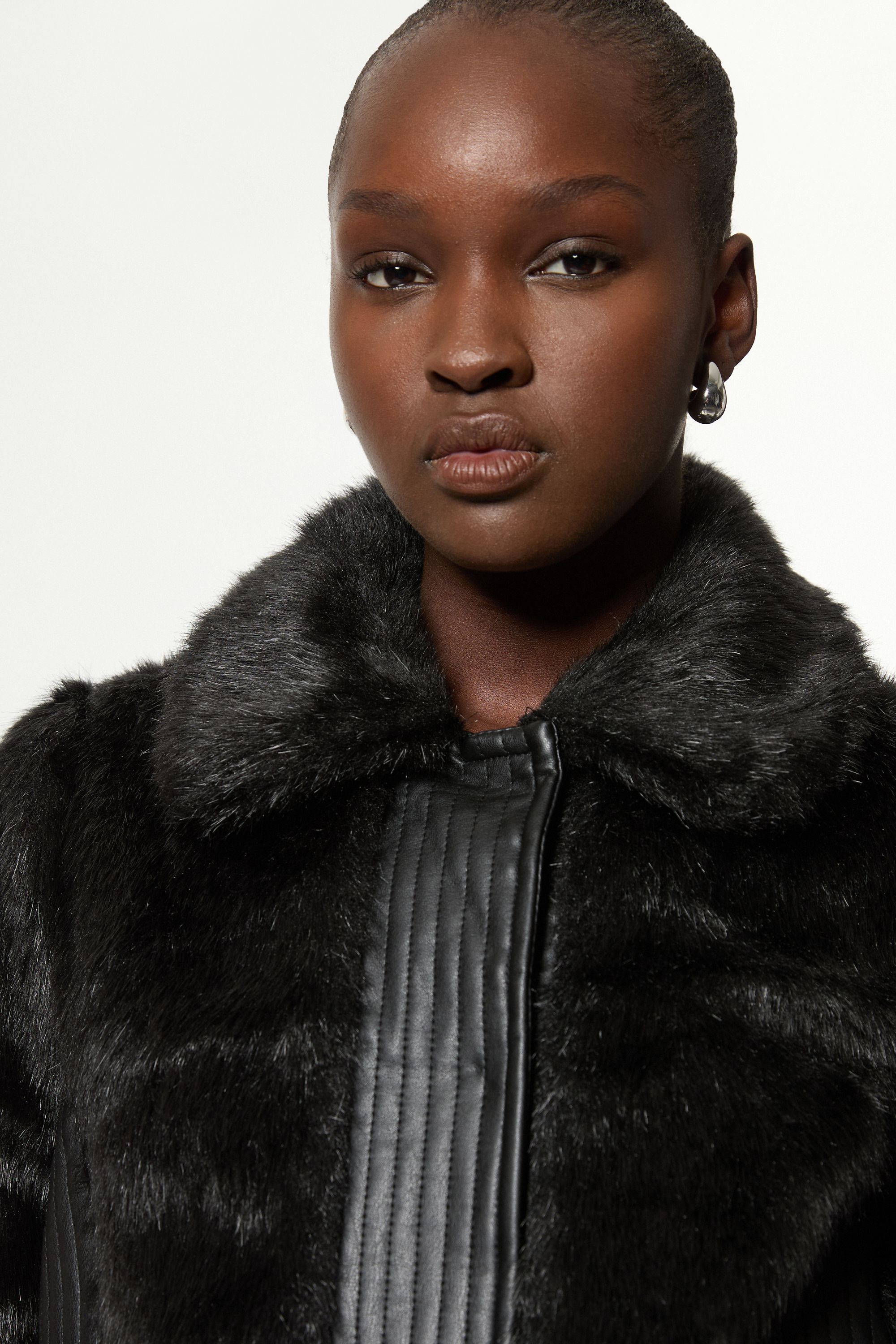 KarenMillen Faux Fur Pu Panelled Belted Cropped Jacket