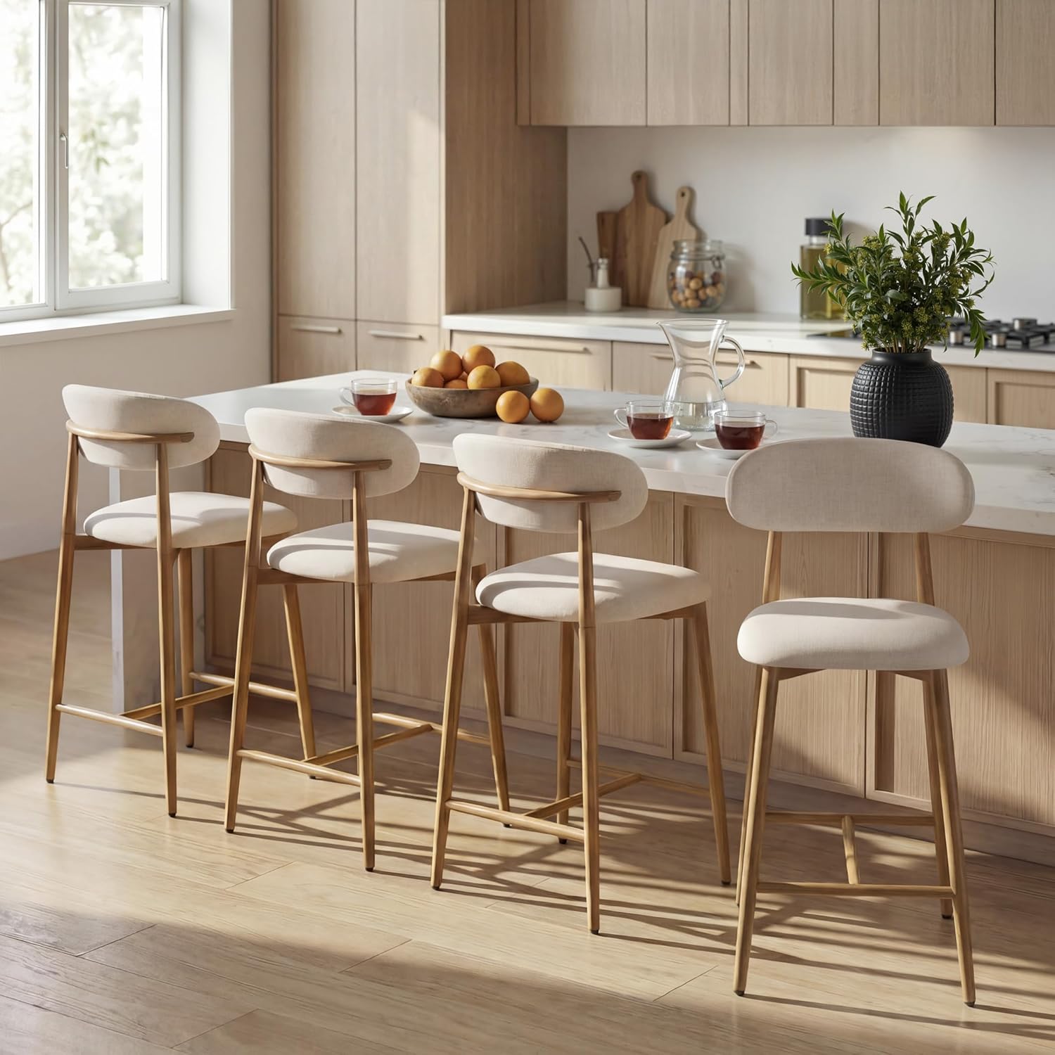 AQO Counter Height Bar Stools Set of 4, Upholstered Counter Stools Modern Barstools with Metal Legs for Kitchen Island Dining Room, Beige