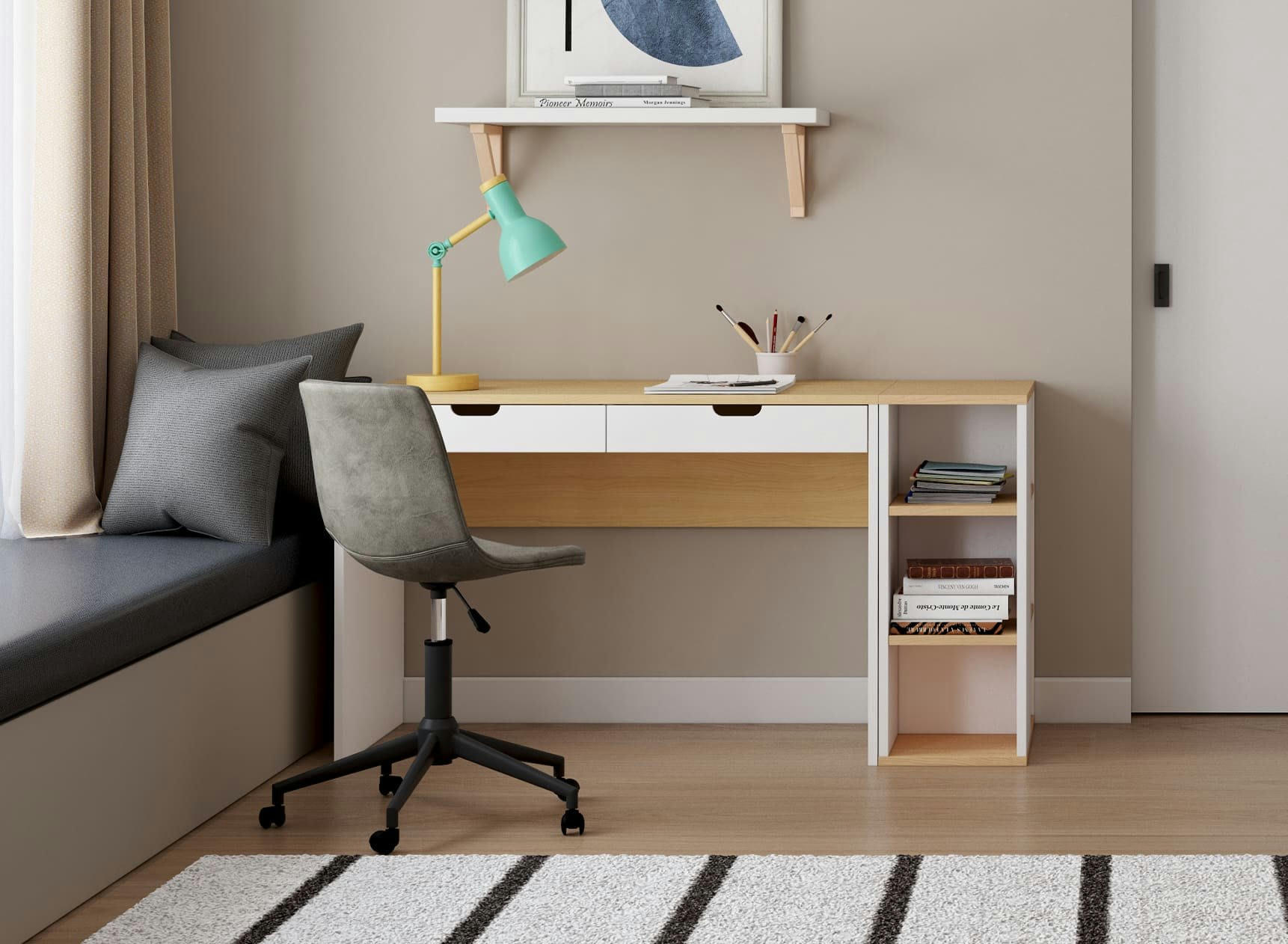 ALBI - Bureau avec 2 tiroirs et caisson Blanc et Chêne