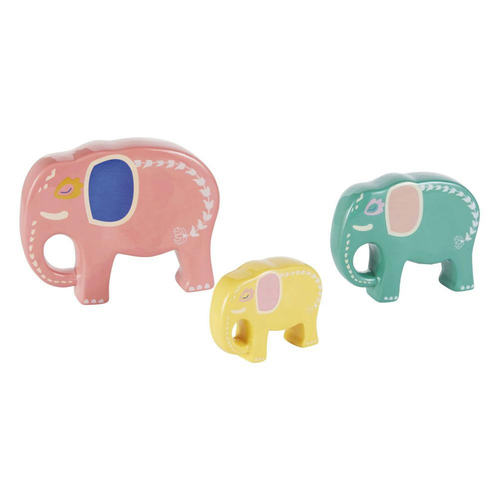 - Eléphants à poser en céramique rose, bleue et jaune (X3)