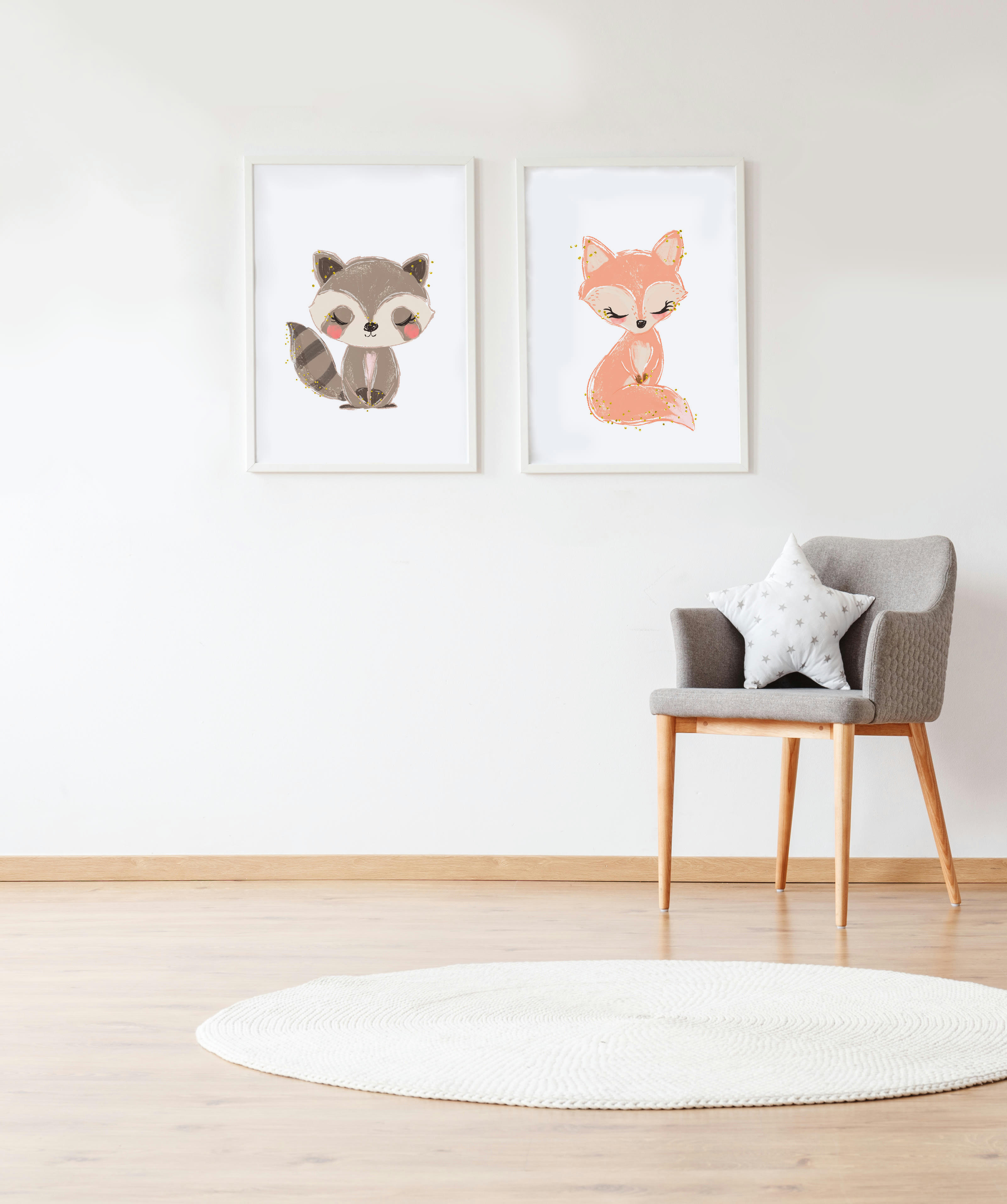 DECOWALL - Pack encadré bois blanc impression le gécureuil et renard 43X33 cm