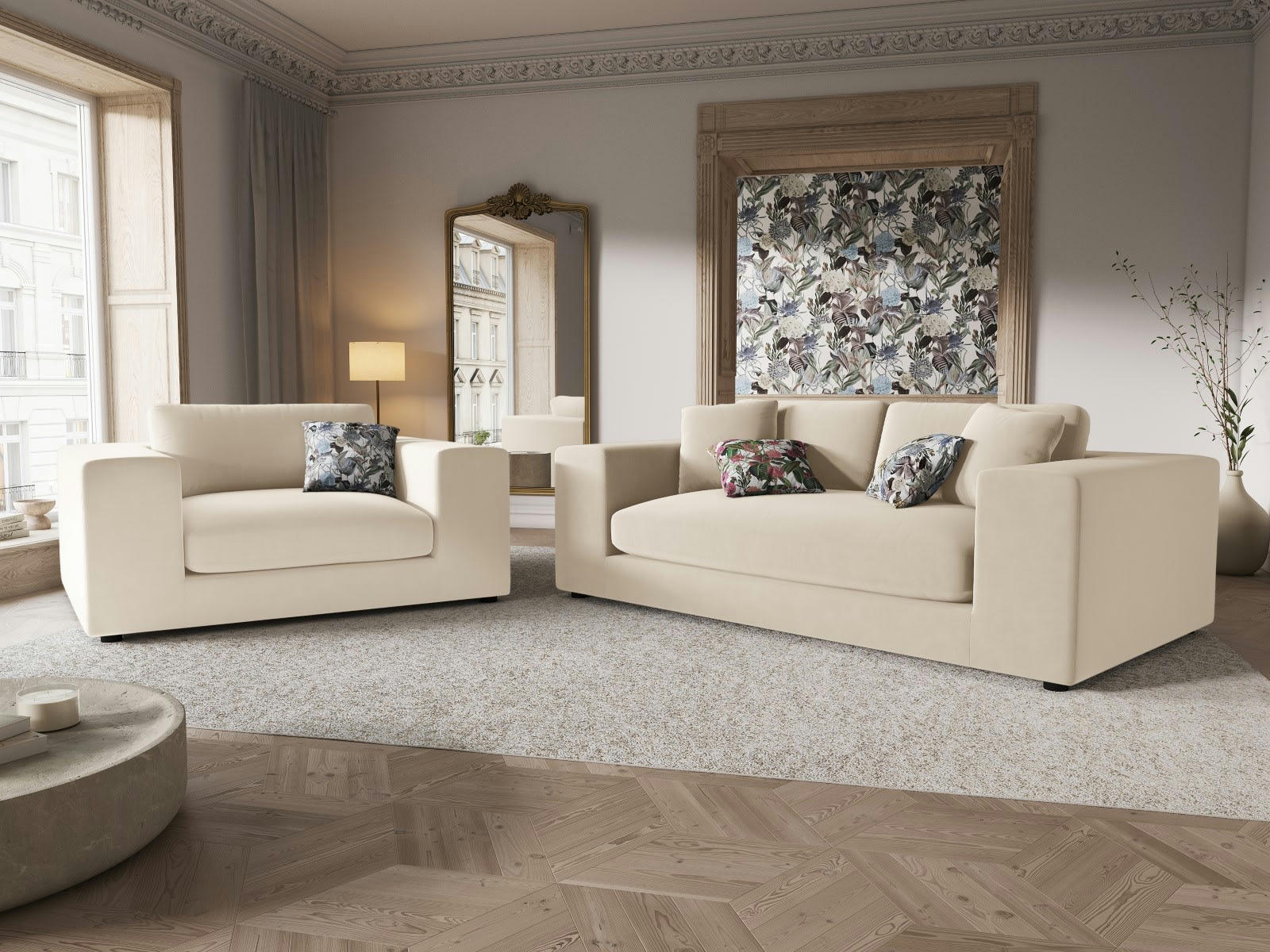 TENDANCE - Canapé 3 places en Velours Beige