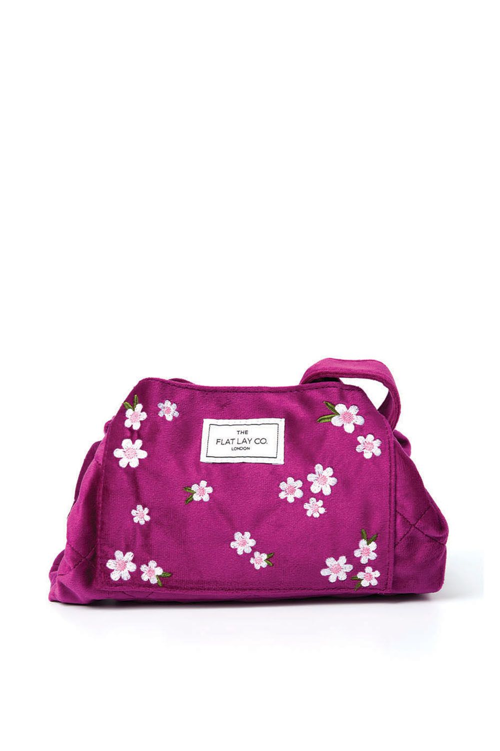 The Flat Lay Co Drawstring Makeup Bag in Embroidered Daisy Plum Velvet