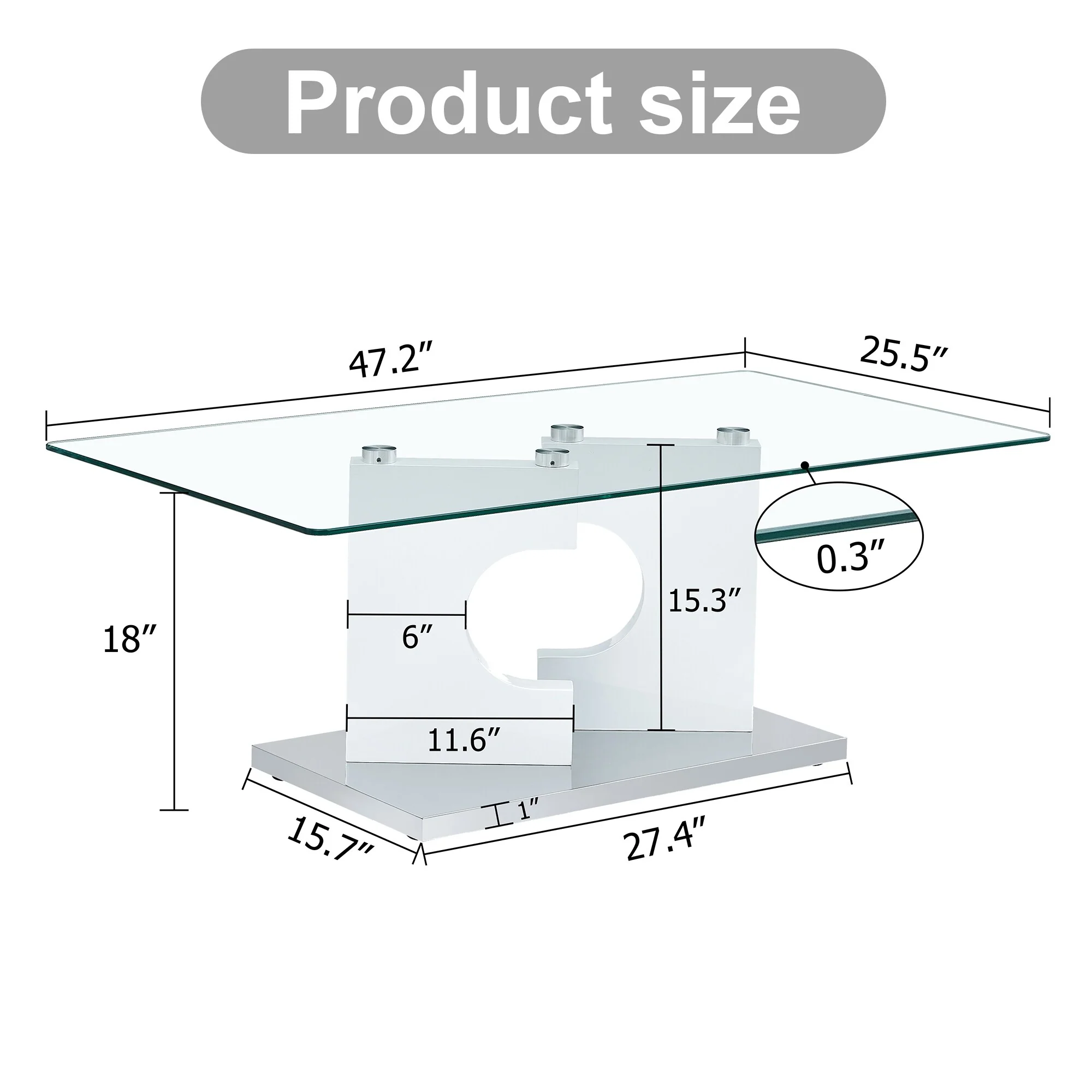 Rectangular Modern And Fashionable Coffee Table With Tempered Glass Tabletop And Mdf Legs