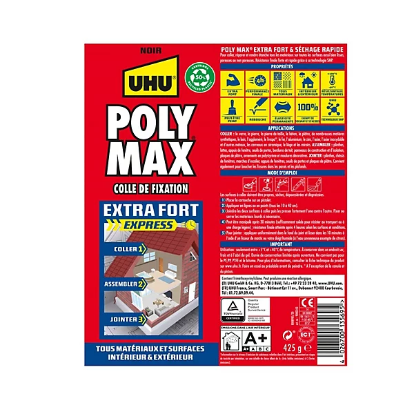 Colle mastic extra forte UHU Poly max noir 425g