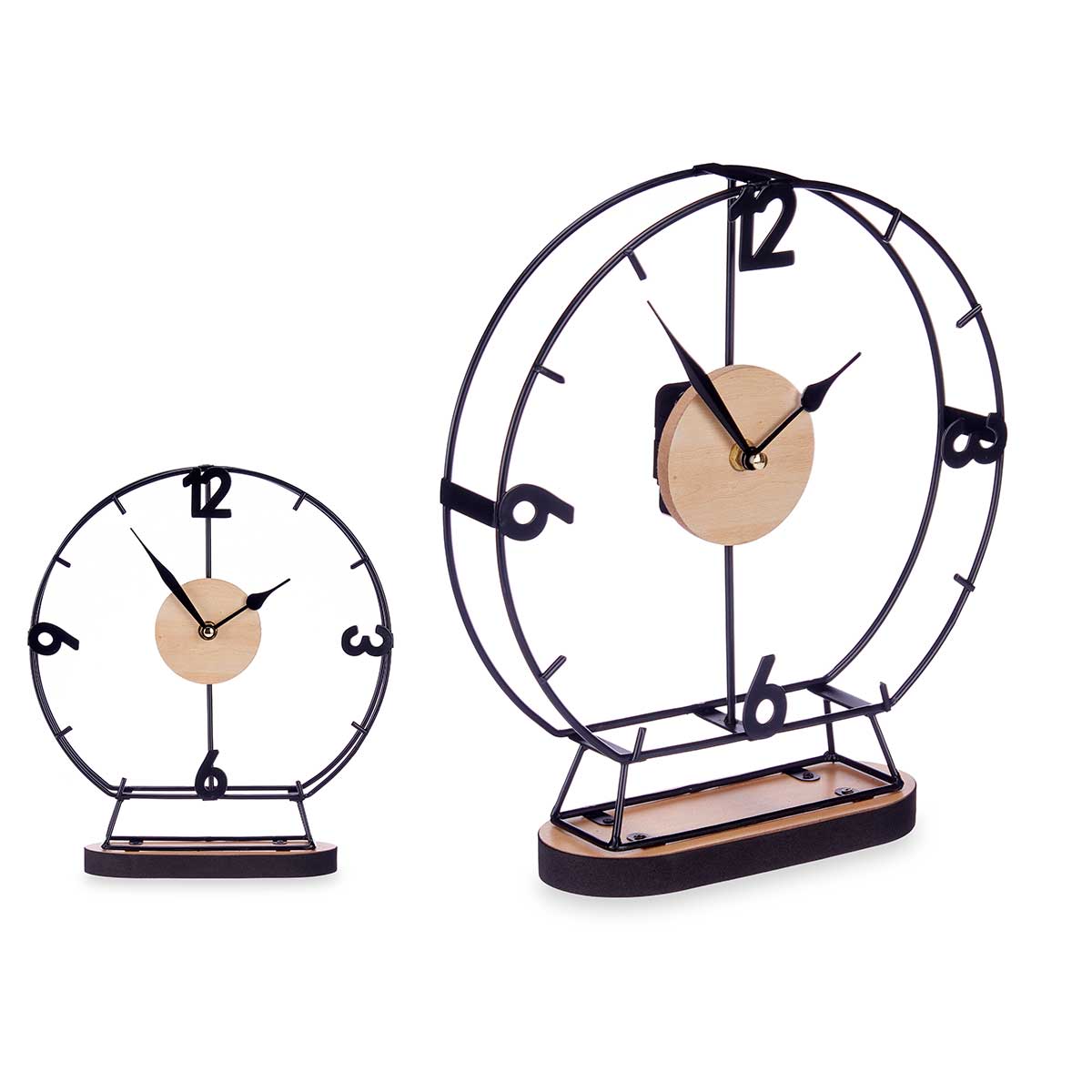 Relógio de mesa em metal preto e mdf