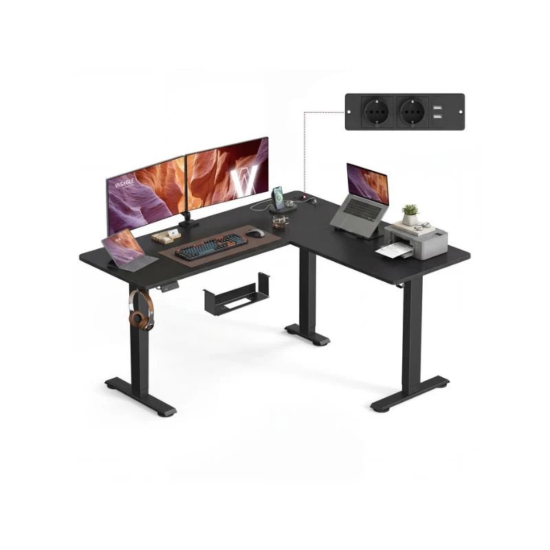 Bureau d'angle électrique réglable avec multiprise