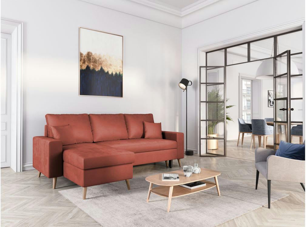 MARIA SCANDINAVE - Canapé d'angle convertible 3 places scandinave en velours - Rouge