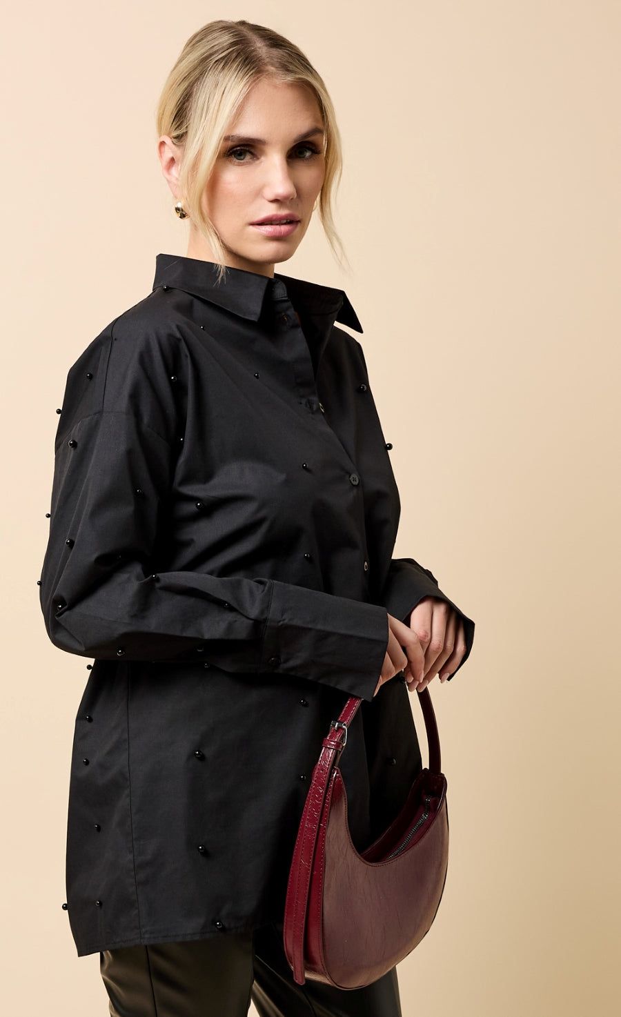 Little Mistress Black Cotton Pearl Embelished Shirt