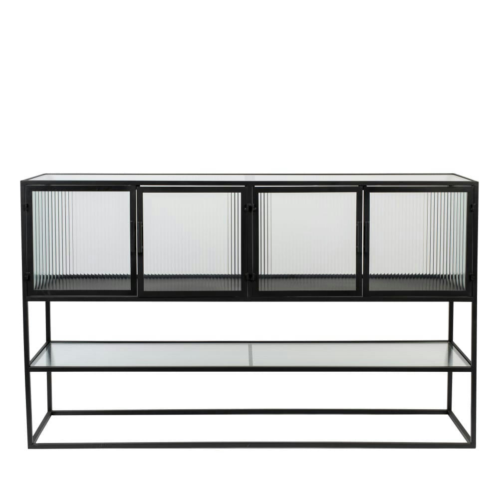 BOLI - Buffet 4 portes 1 étagère en métal et verre trempé noir