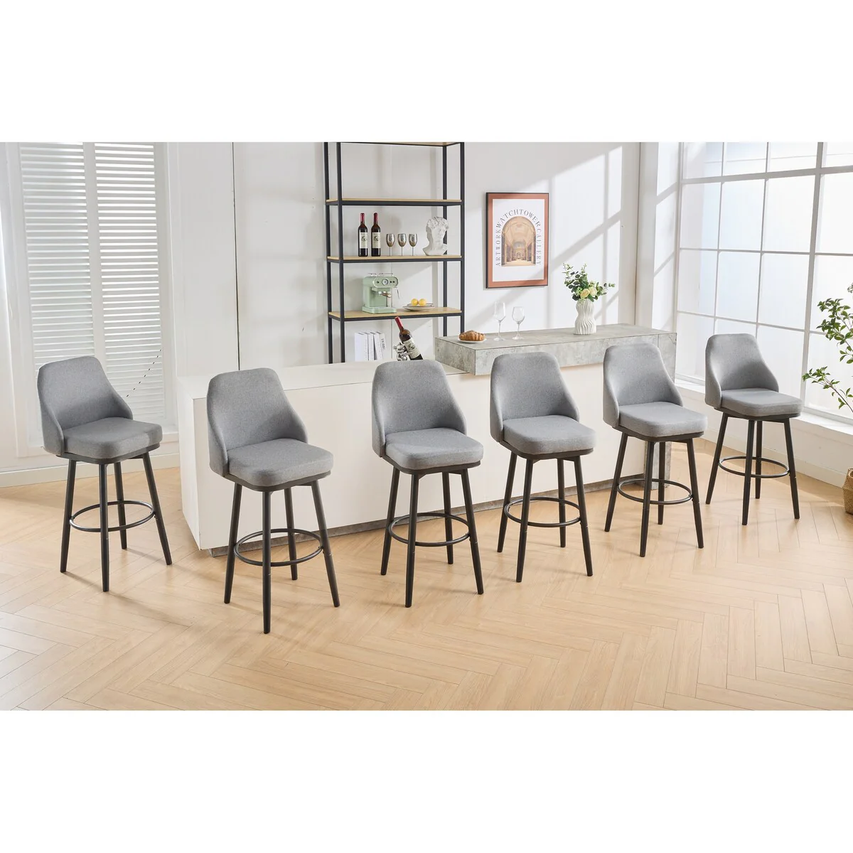 Bar Stools Set of 2 Chenille Adjustable Counter Height Swivel Bar Stools with Back Metal Leg,24 to 29 Inch,Light Gray