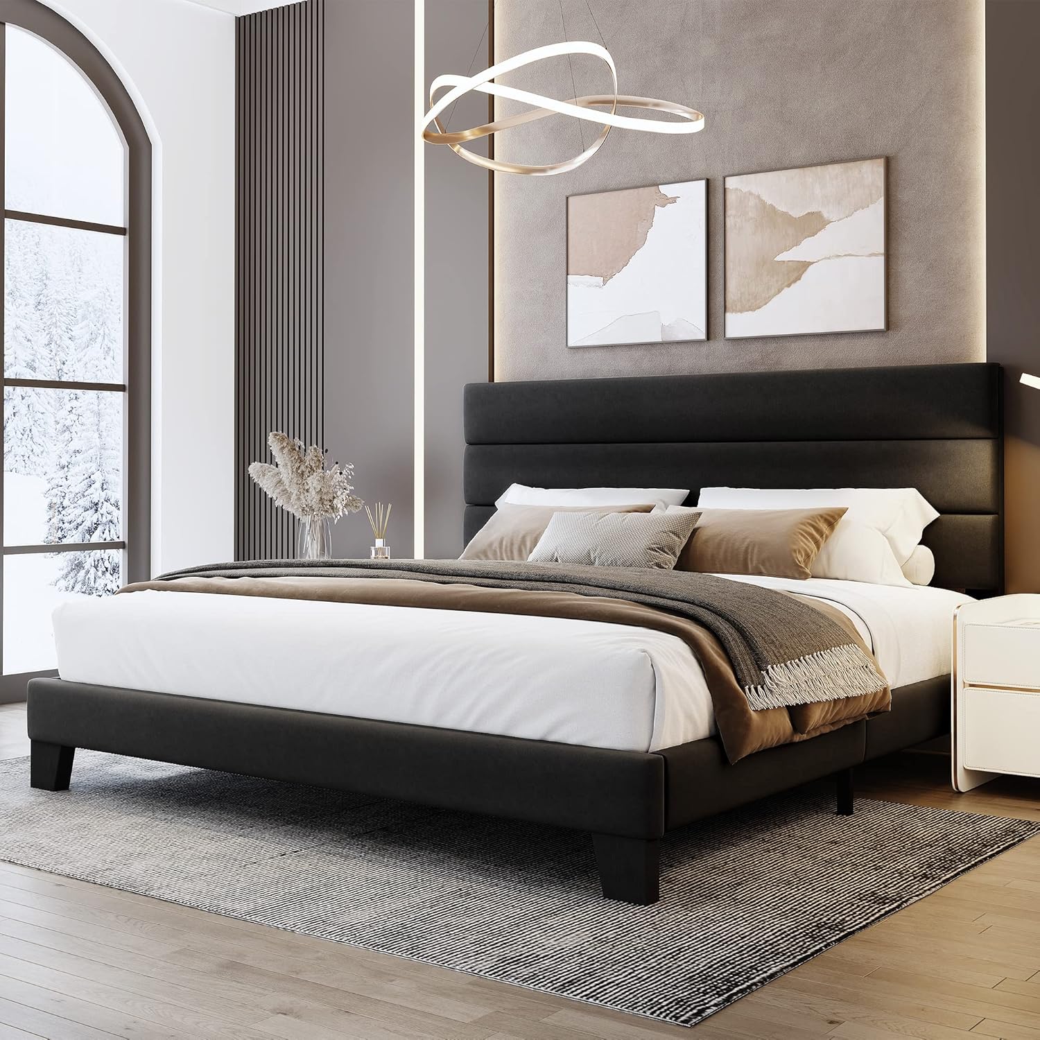 WEEWAY King Bed Frame Platform Bed with Velvet Upholstered Headboard and Wooden Slats Support, Heavy Duty Mattress Foundation, No Box Spring Needed, Easy Assembly, Black