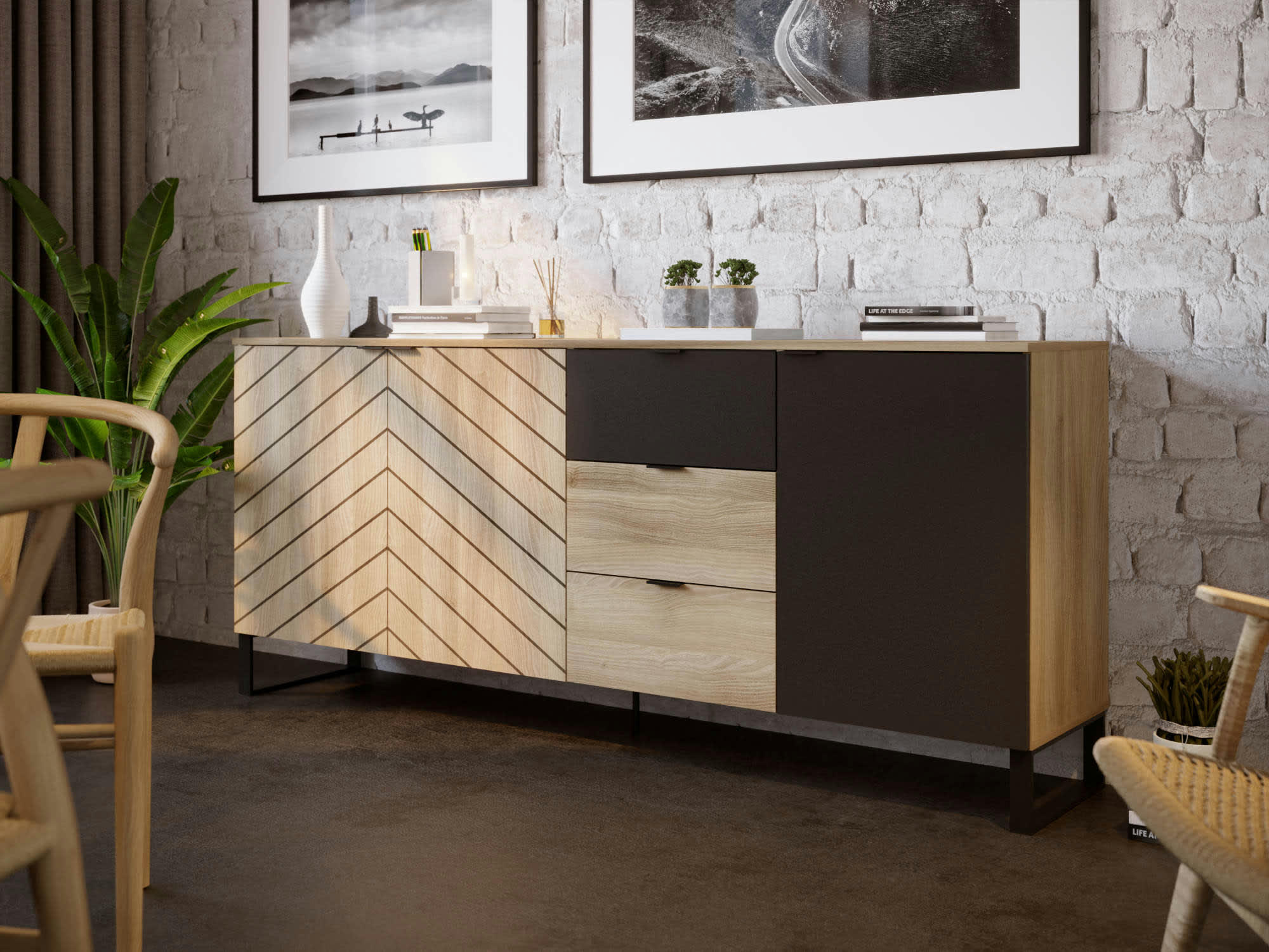AUXANE - Buffet bas contemporain 200 cm noir / bois