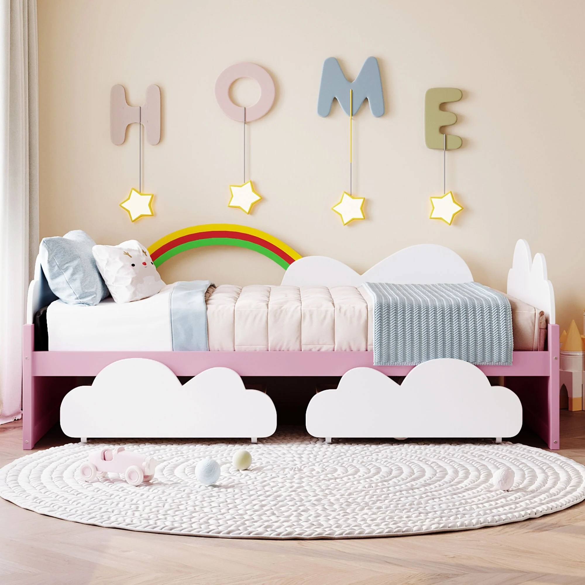 Kids Twin Platform Bed with Rainbow and Clouds Design, Space-Saving with Drawers