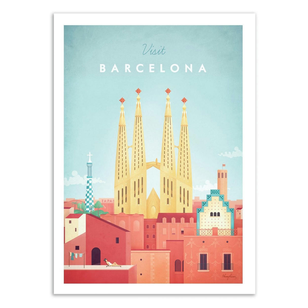 HENRY RIVERS - VISIT BARCELONA - Affiche d'art avec Cadre bois noir - 30 x 40 cm