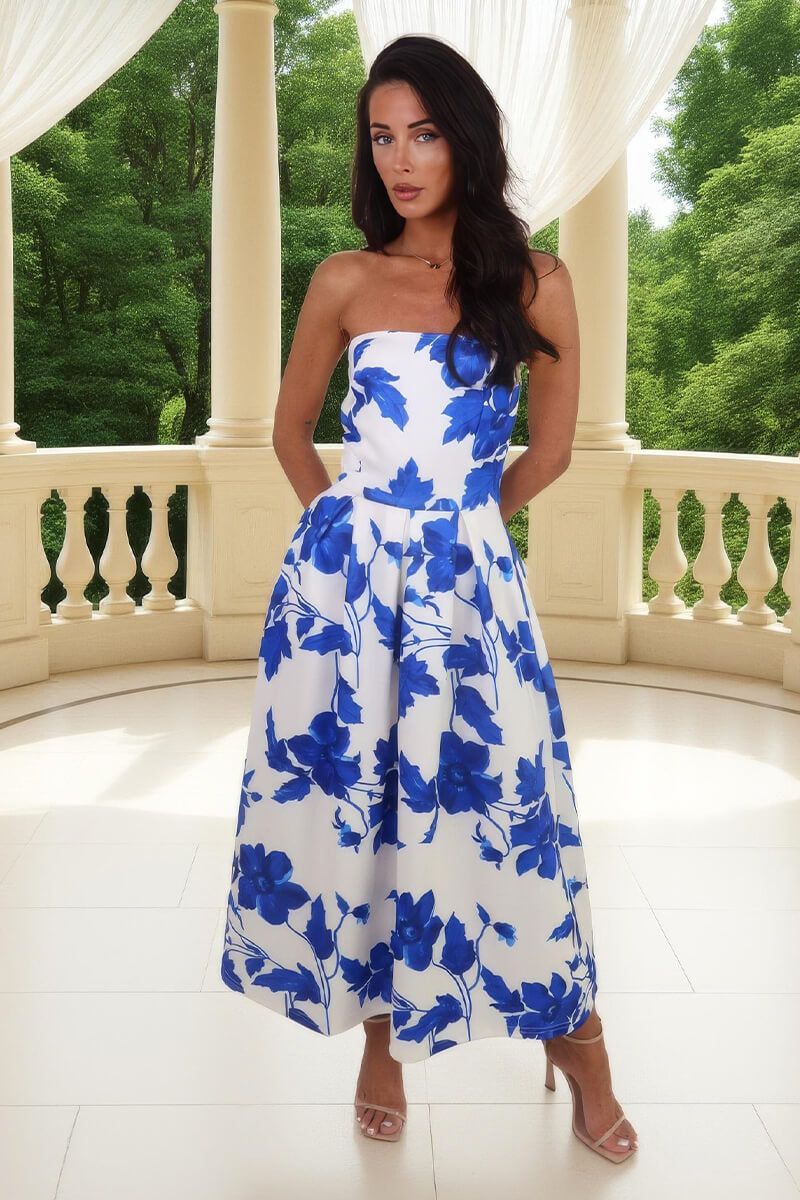 AX Paris Blue And Cream Floral Print Bandeau A-Line Midi Dress