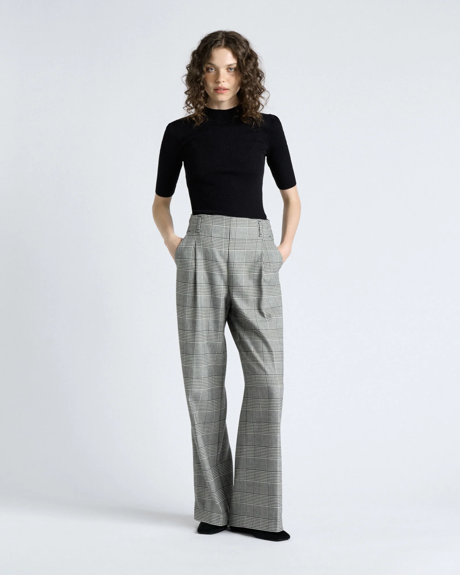 European Houndstooth Check Wide Leg Pant
