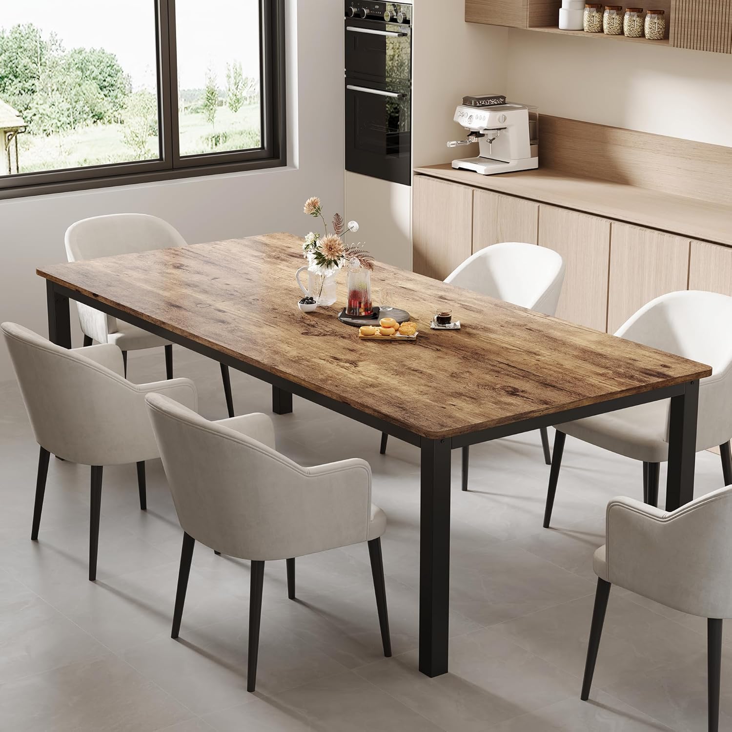 GarveeHome 70.8 in Industrial Dining Table for 6, Wooden Long Dinner Table with Mortise Tenon Design, Kitchen Table with Sturdy Metal Legs, for Dining Room Home Office Living Room, Retro