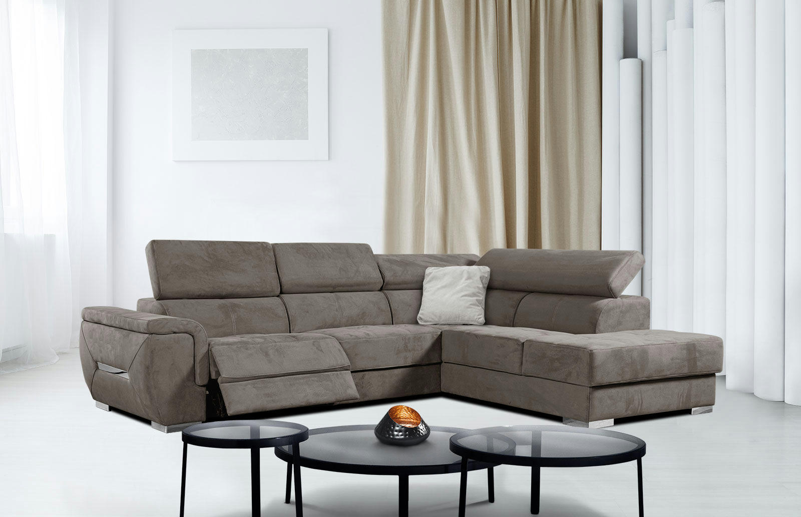 KELTE - Canapé d'angle droit 5 places avec une relaxation tissu beige foncé