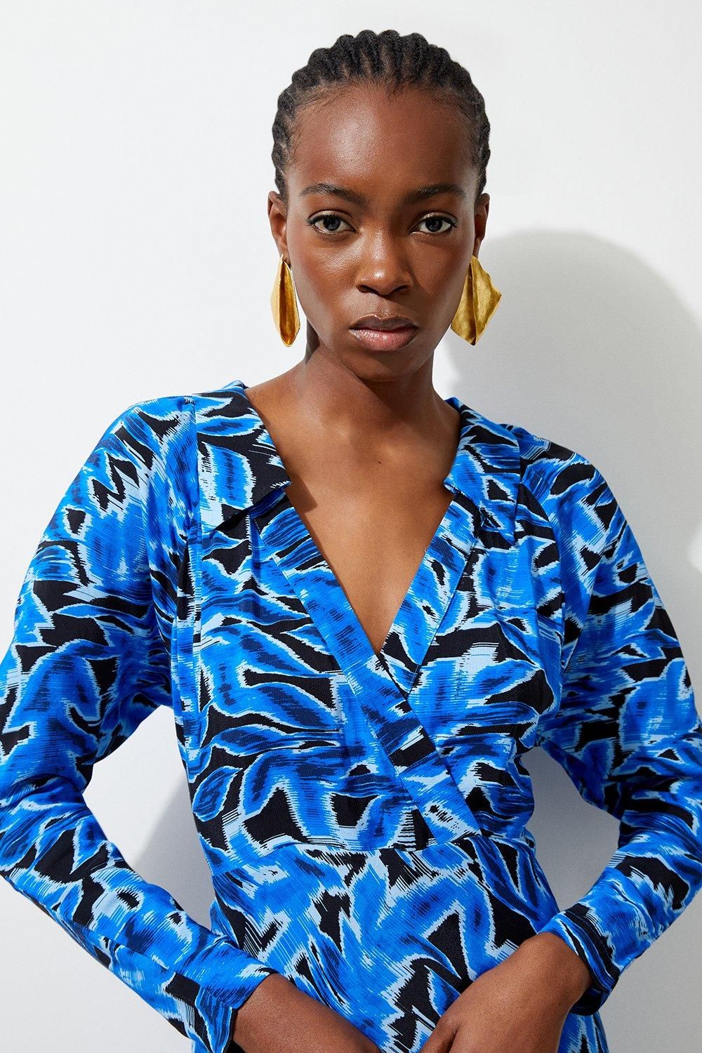 KarenMillen Blue Leaf Printed Woven Viscose Collared Maxi Dress