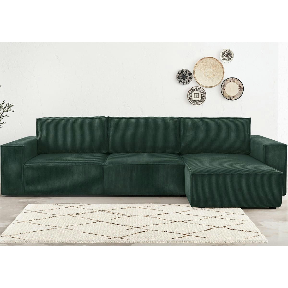 HARPER NEW - Canapé d'angle 5 places convertible +coffre, velours côtelé vert foncé