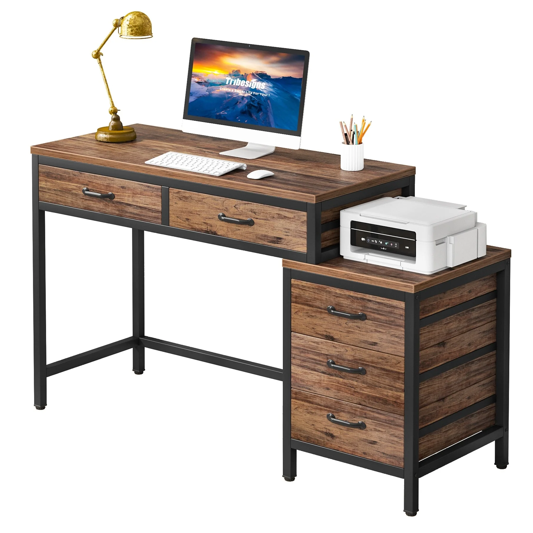 5 Drawers Computer Desk, Study Writing Desk with Reversible Filing Cabinet for Home Office