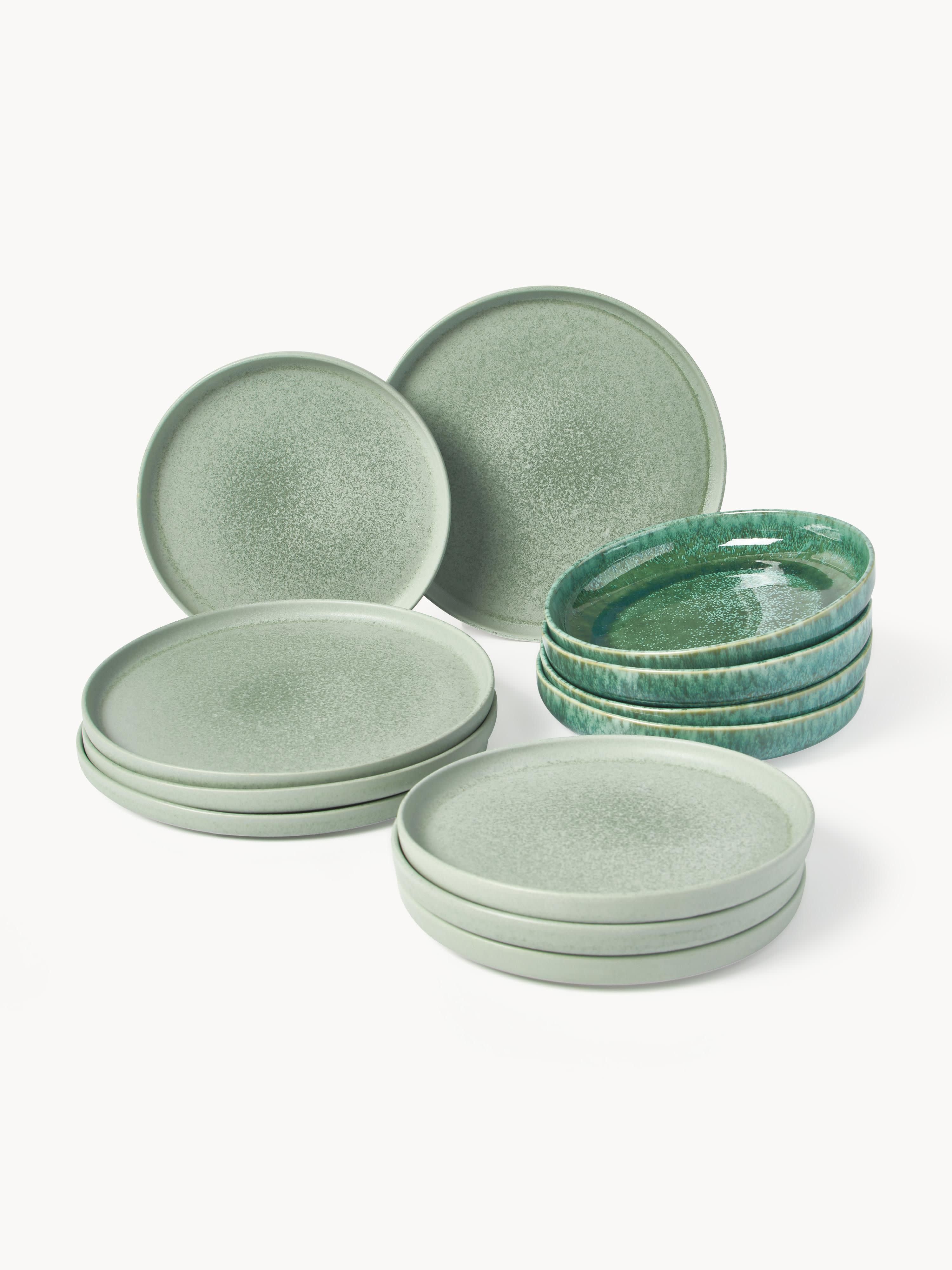 Handgefertigtes Geschirr-Set Pam mit reaktiver Glasur, 4 Personen, 12er-Set
