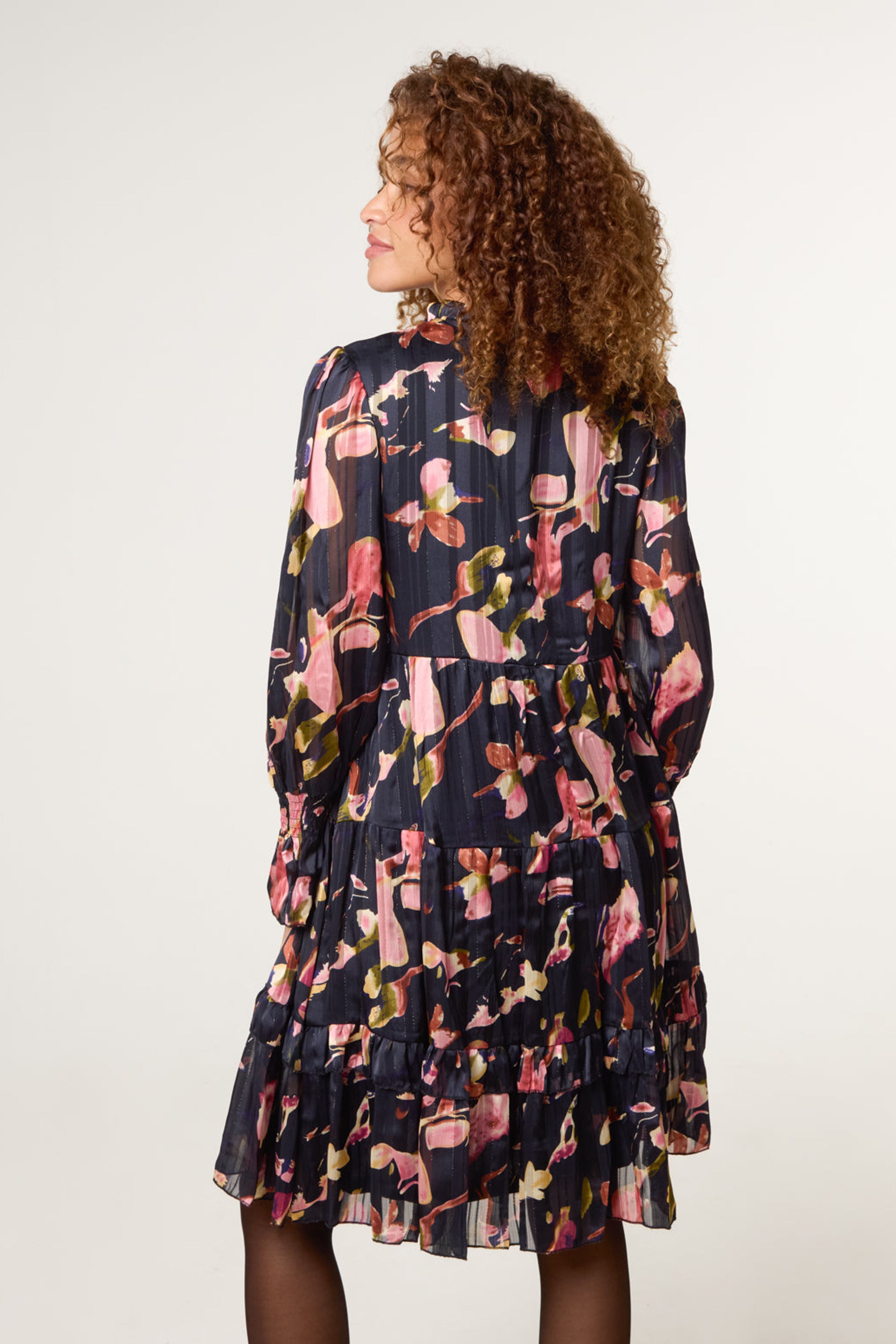 Blue Vanilla Black Tie Neck Floral Chiffon Smock Dress