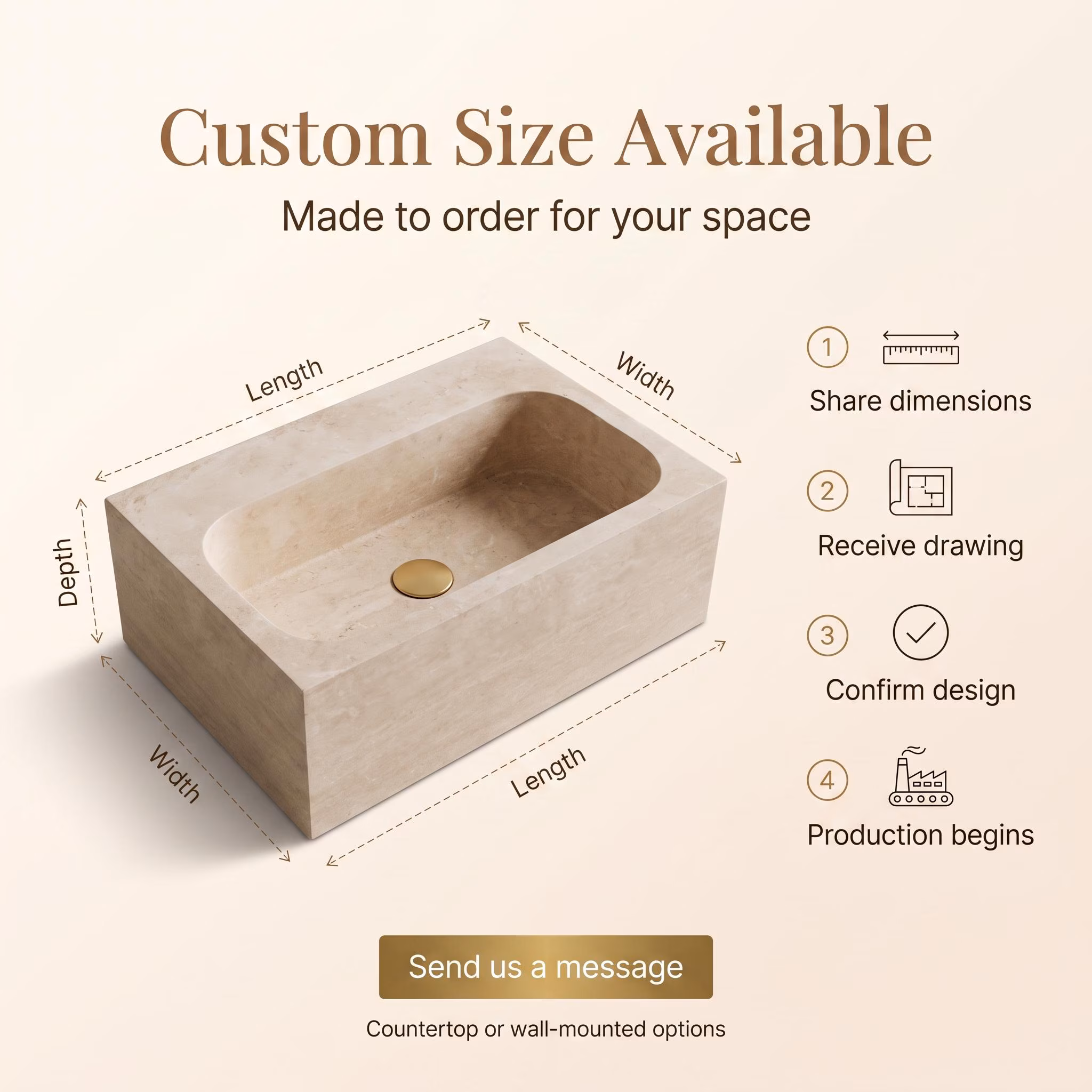 Hand-Carved Travertine Sink with Shelf, Beige Stone Bathroom Vanity Basin