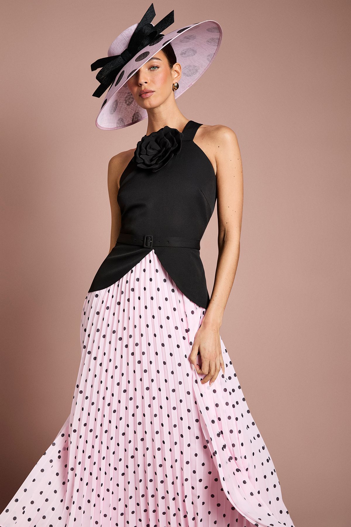Coast Lisa Tan Corsage Peplum Detail Spot Print Pleated Midi Dress