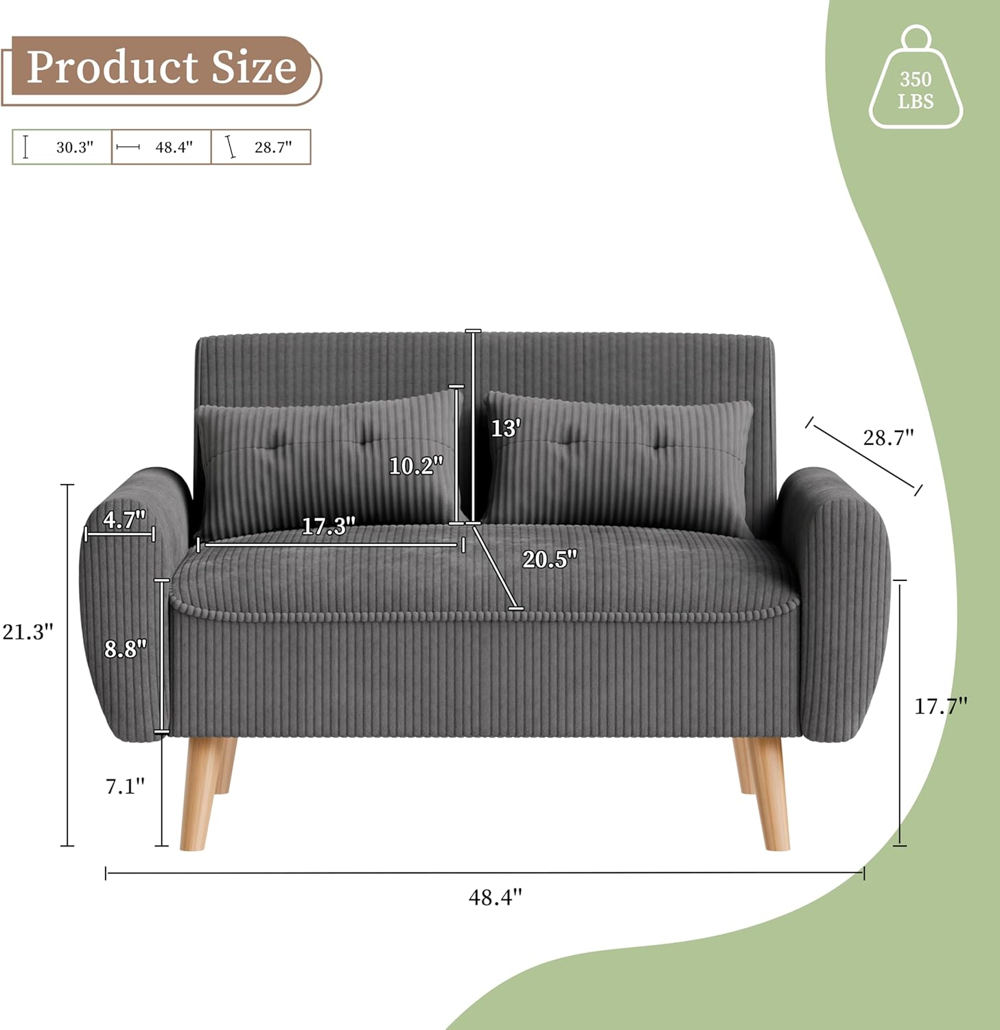 Vongrasig 48 Small Modern Loveseat Sofa, Mid Century Soft Corduroy Fabric 2-Seat Sofa Couch Tufted Love Seat with Back Cushions and Tapered Legs for Living Room, Bedroom and Small Space (Dark Gray)