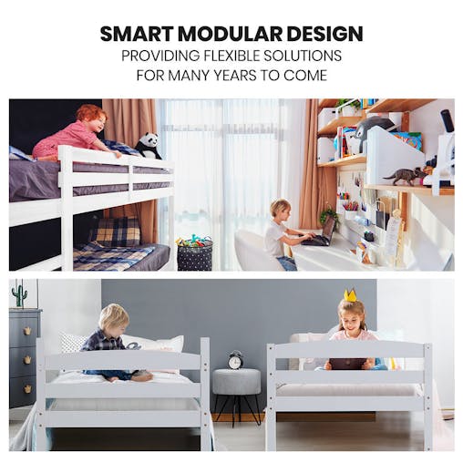NNEMB Single Bunk Bed Frame, Solid Pine 2-in-1 Modular Design, White