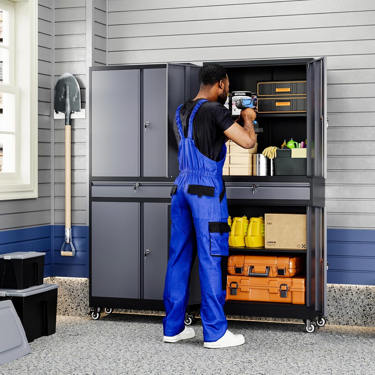 Yizosh Metal Garage Storage Cabinet with Locking Doors and Adjustable Shelves, -73 Steel Rolling Tool Storage Cabinet with 4 Wheels and 1 Drawer for Garage,Office,Warehouse