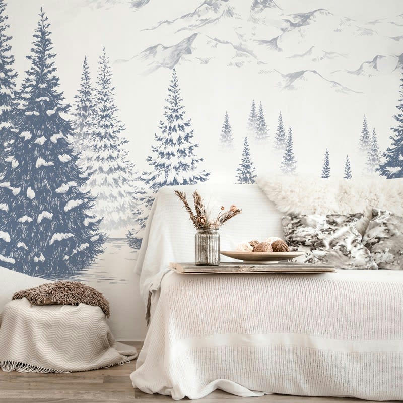 MONTAGNE ENCRE - Papier Peint Panoramique L432xH270cm Bleu Sapin