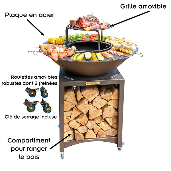 Brasero Haut Avec Plaque Et Grille Amovible En Acier Barbecue Plancha Extérieur diam75 Cm