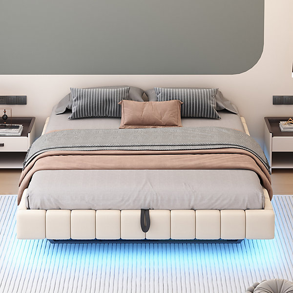 Lit 180x200 cm tapissé en lin beige avec rangement hydraulique et bande LED intégrée, sans tête, cadre métal robuste