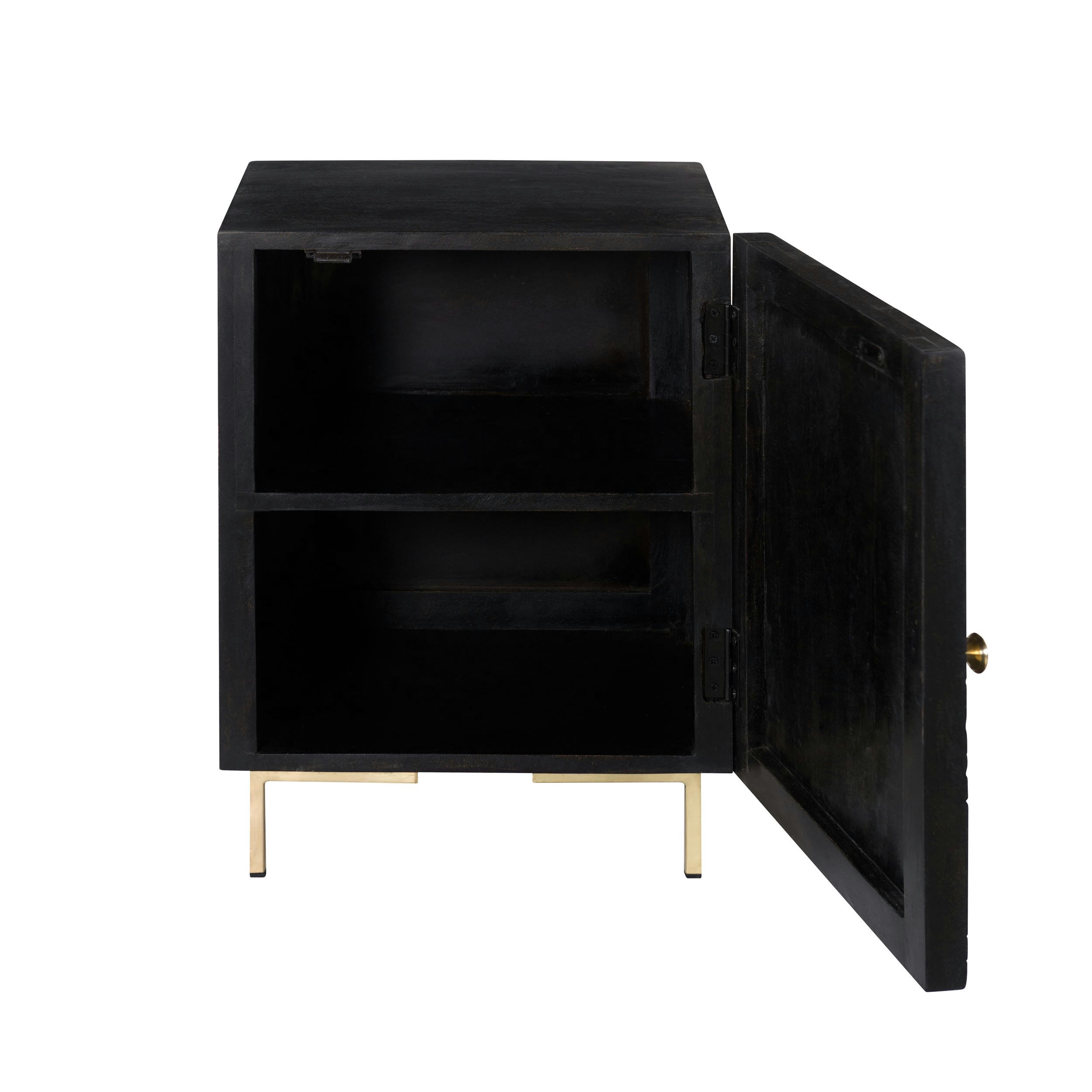 CHIMANE - Chevet 1 porte en bois gravé noir et métal doré