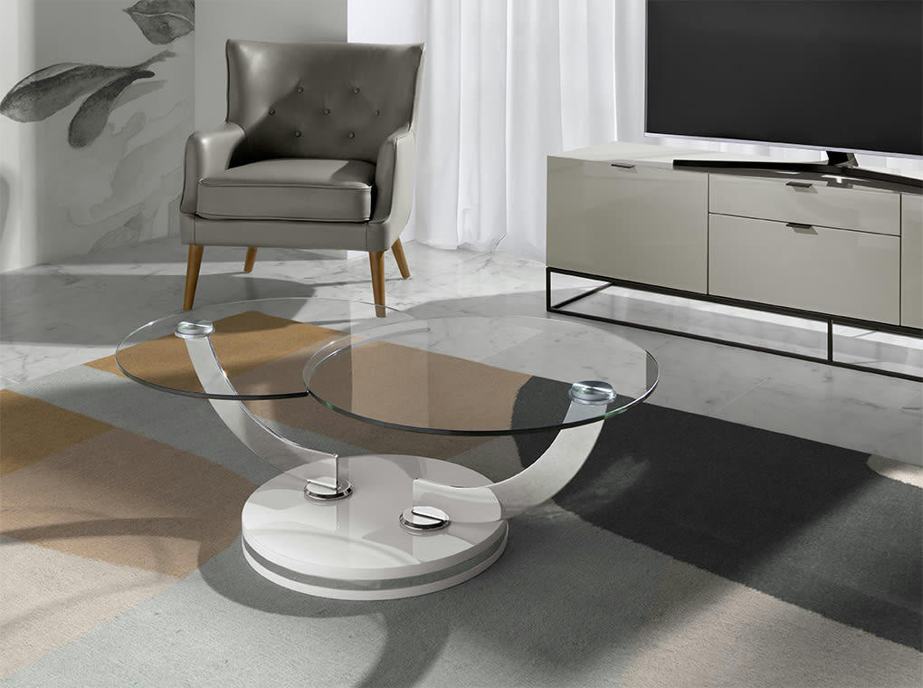 - Table basse pivotante en blanc et verre
