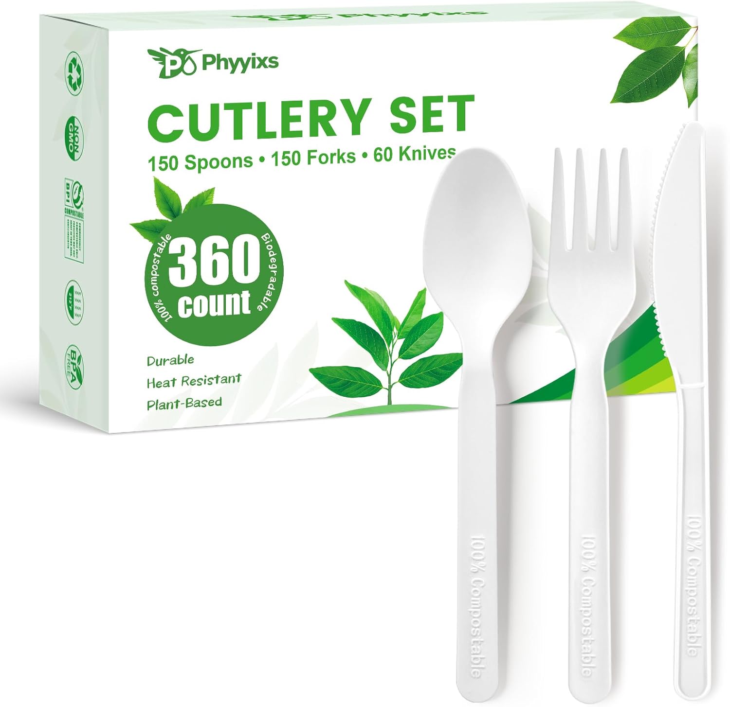 360pc Compostable Cutlery Set: 150 Forks, 150 Spoons, 60 Knives. Extra Heavy Duty Plant-Based Silverware, Heat Resistant & BPA-Free. Disposable Utensils for Wedding, Party, Daily Use.